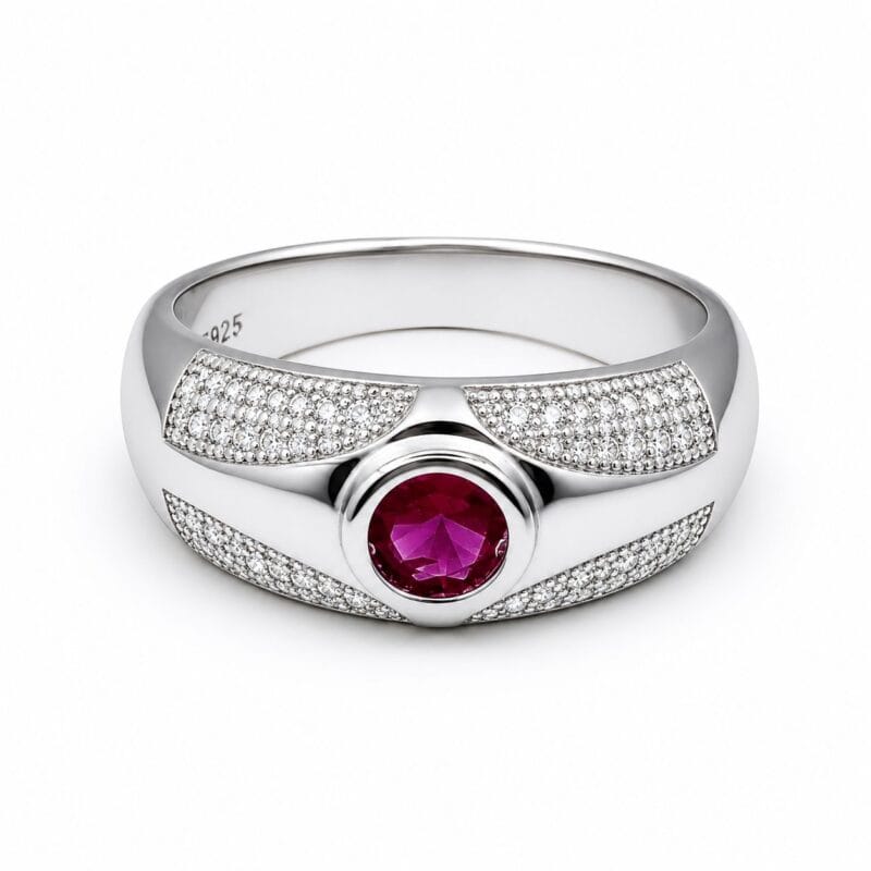 Silverlily Men's Red American Diamond Silver Ring
