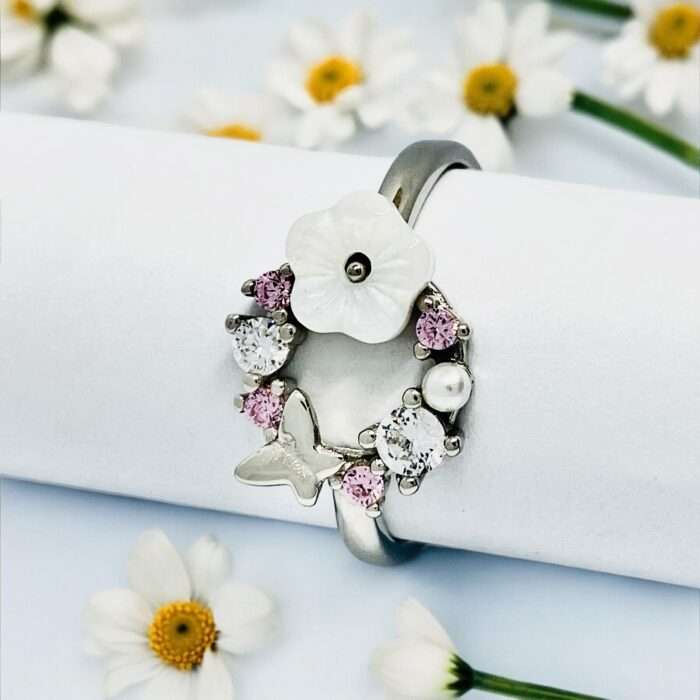 GLOWING BUTTERFLY AND FLOWER 92.5 STERLING SILVER RING