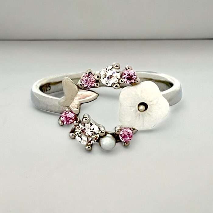 GLOWING BUTTERFLY AND FLOWER 92.5 STERLING SILVER RING