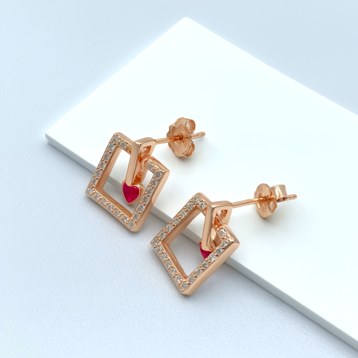 ROSE GOLD WITH HEART AND MICRO ZIRCON AMERICAN DIAMOND STUDS | SILVERLILY