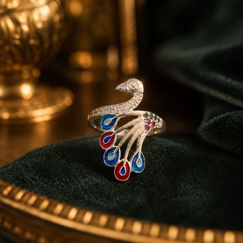 Peacock Enamel Silver Ring